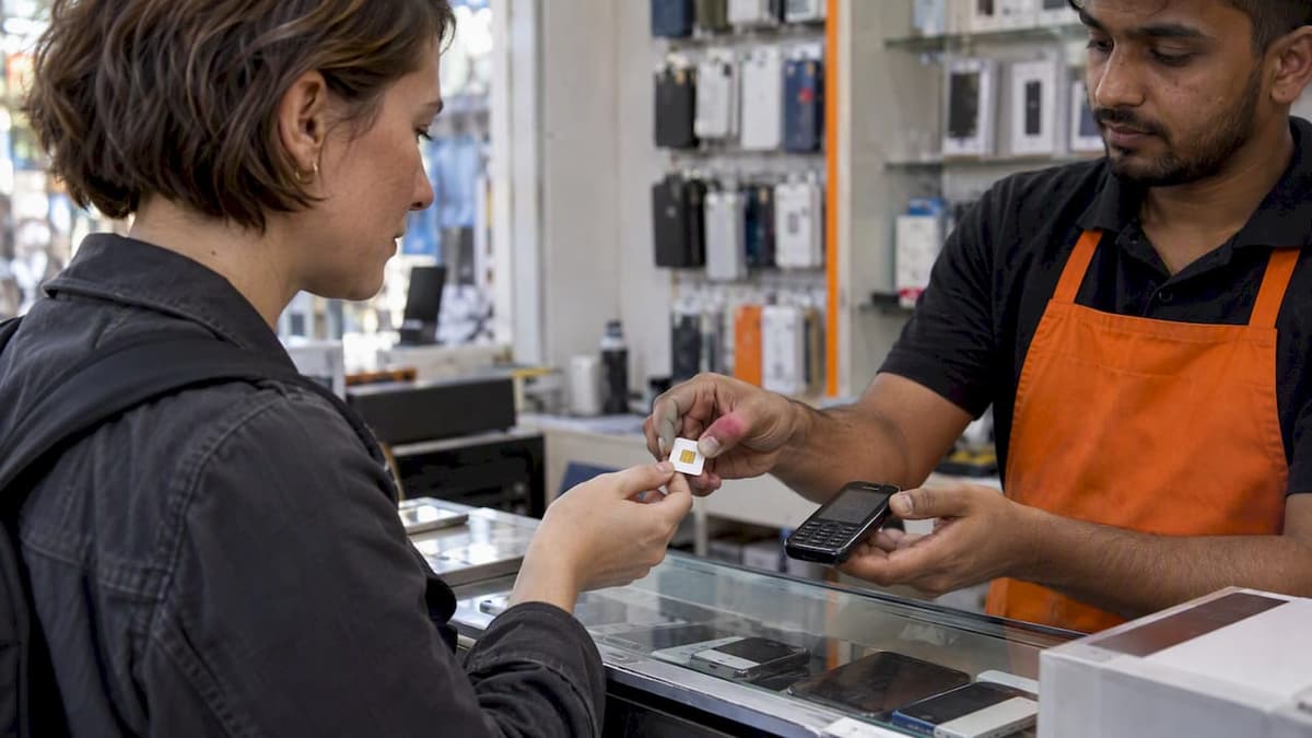 Traveler receives a physical SIM in a shop