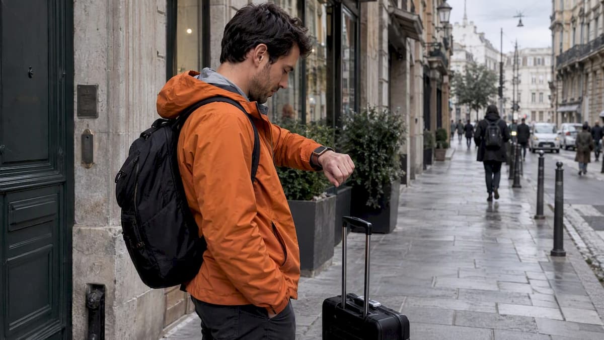 Traveler checking Apple Watch on city sidewalk