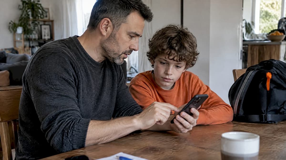 Parent helping child prepare a travel phone