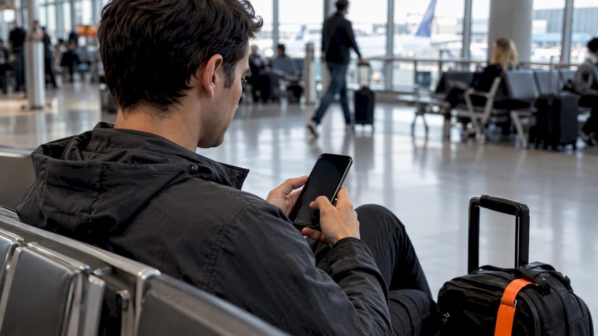 Traveler adjusting eSIM roaming on a phone