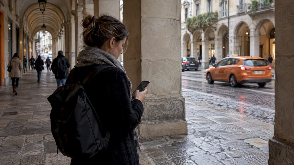 Traveler checking Google Maps on an overseas street