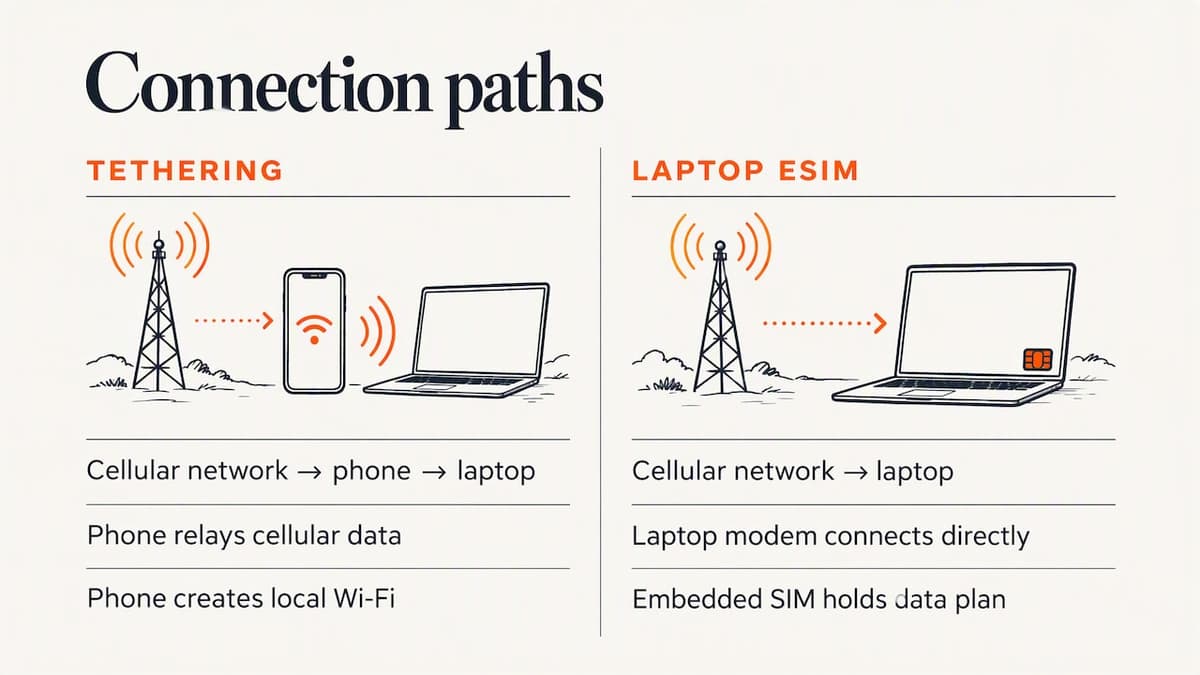 Tethered and direct laptop connection paths